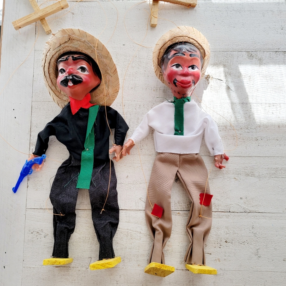 Vintage Mexican set of‎ 2 Marionette String Puppets Handmade Lot